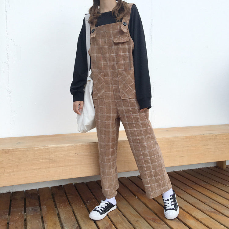 Y2K Aesthetic Jumpsuit in Corduroy Plaid - Trendy Grunge Style for Effortless Chic