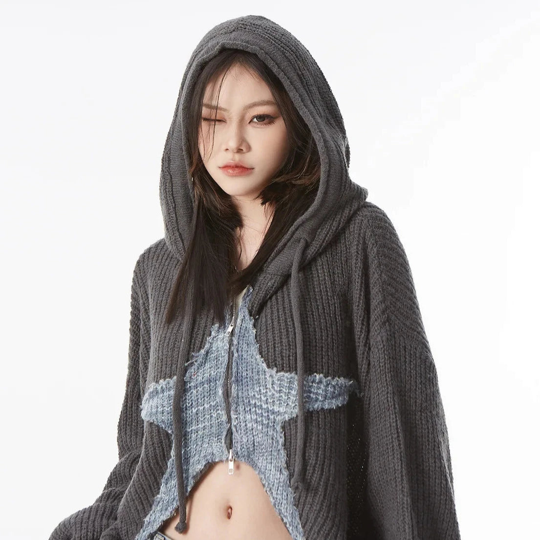 Y2K Aesthetic Knitwear Hooded Cardigan for Cozy Vintage Style