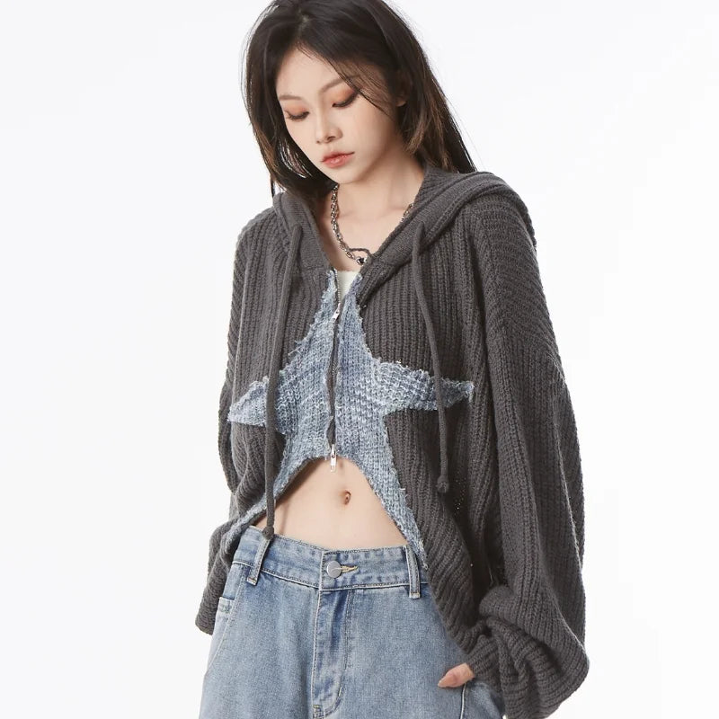 Y2K Aesthetic Knitwear Hooded Cardigan for Cozy Vintage Style