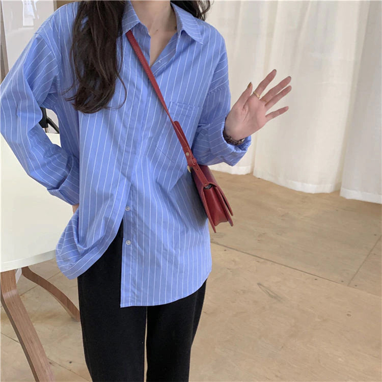 Y2K Aesthetic Long Sleeve Blue Striped Retro Shirt for Trendy Outfits