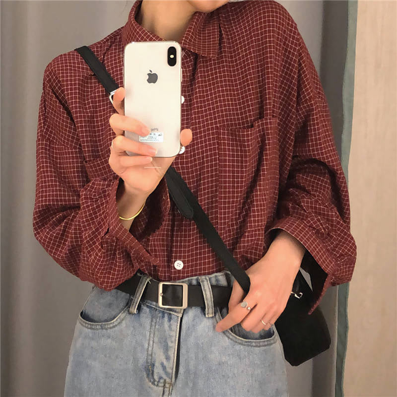 Y2K Aesthetic Long Sleeve Classic Plaid Shirt - Vintage Grunge Style Top