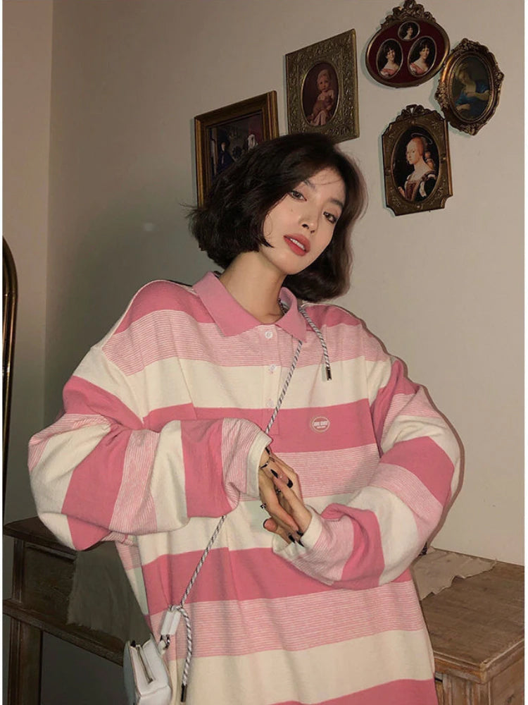 Y2K Aesthetic Long Sleeve Pink Striped Polo Collar Shirt for Cute Coquette Style