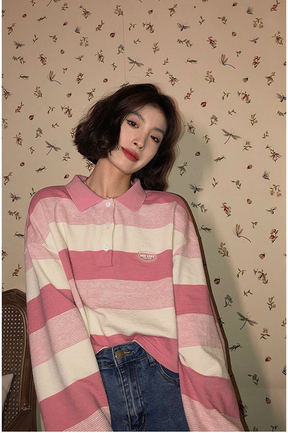 Y2K Aesthetic Long Sleeve Pink Striped Polo Collar Shirt for Cute Coquette Style