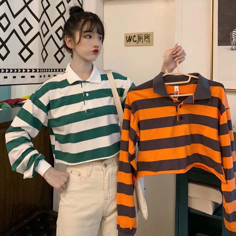 Y2K Aesthetic Long Sleeve Polo Collar Striped Crop Top for Trendy Outfits