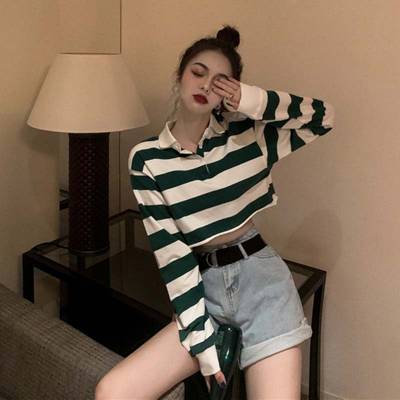 Y2K Aesthetic Long Sleeve Polo Collar Striped Crop Top for Trendy Outfits