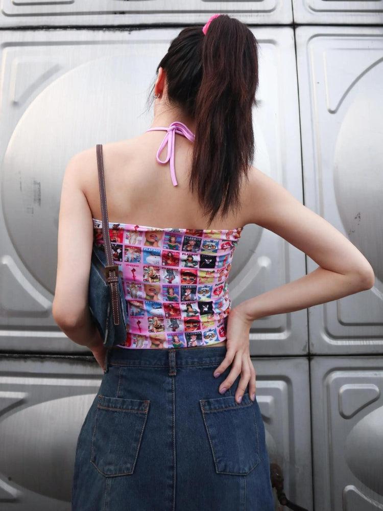 Y2K Aesthetic Magazine Covers Drawstring Top - Trendy Cute Crop for Stylish Outfits