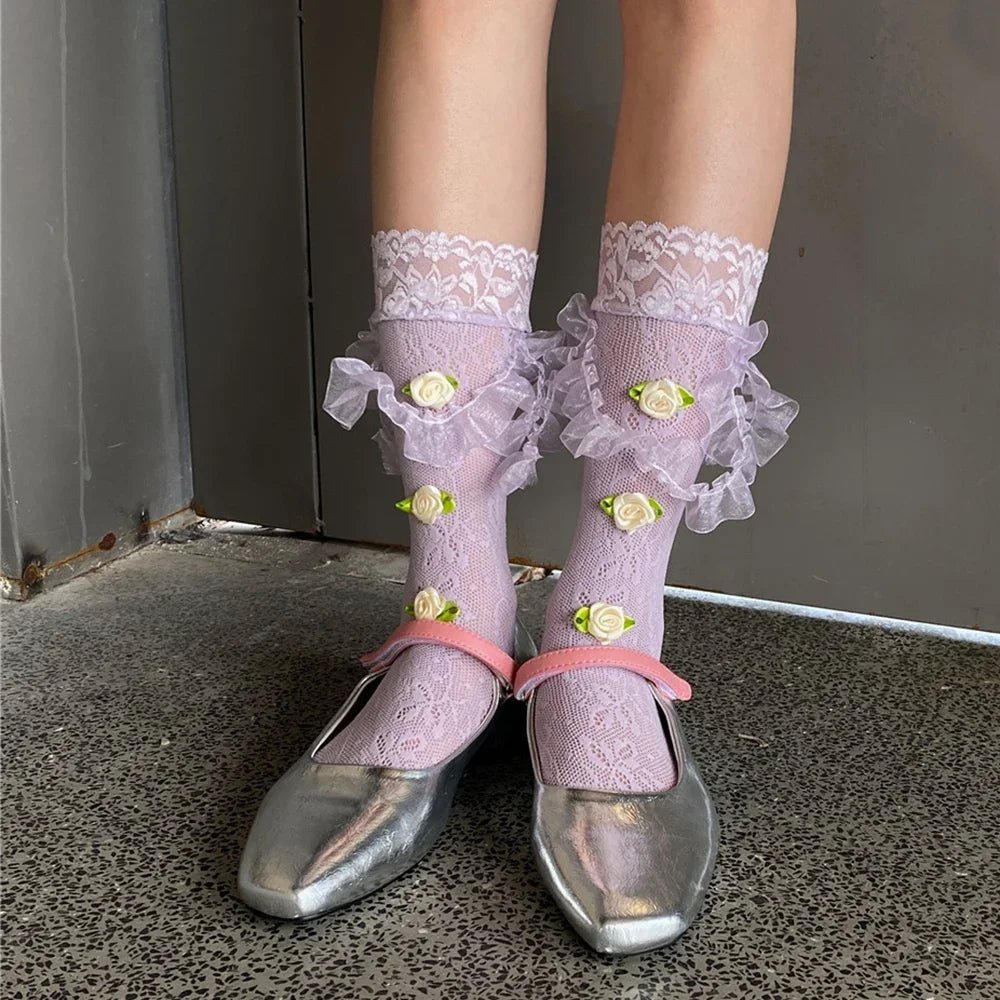 Y2K Aesthetic Medium Tube Rose Lace Socks for Cute Coquette and Grunge Outfits