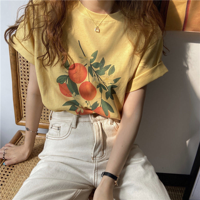 Y2K Aesthetic Orange Fruits Printed Loose Shirt - Trendy Cute Top for Effortless Style