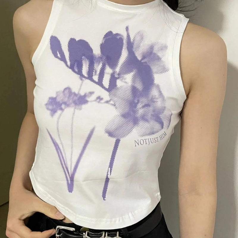 Y2K Aesthetic Purple Flowers Tank Top - Cute Floral Crop for Coquette Style Outfits