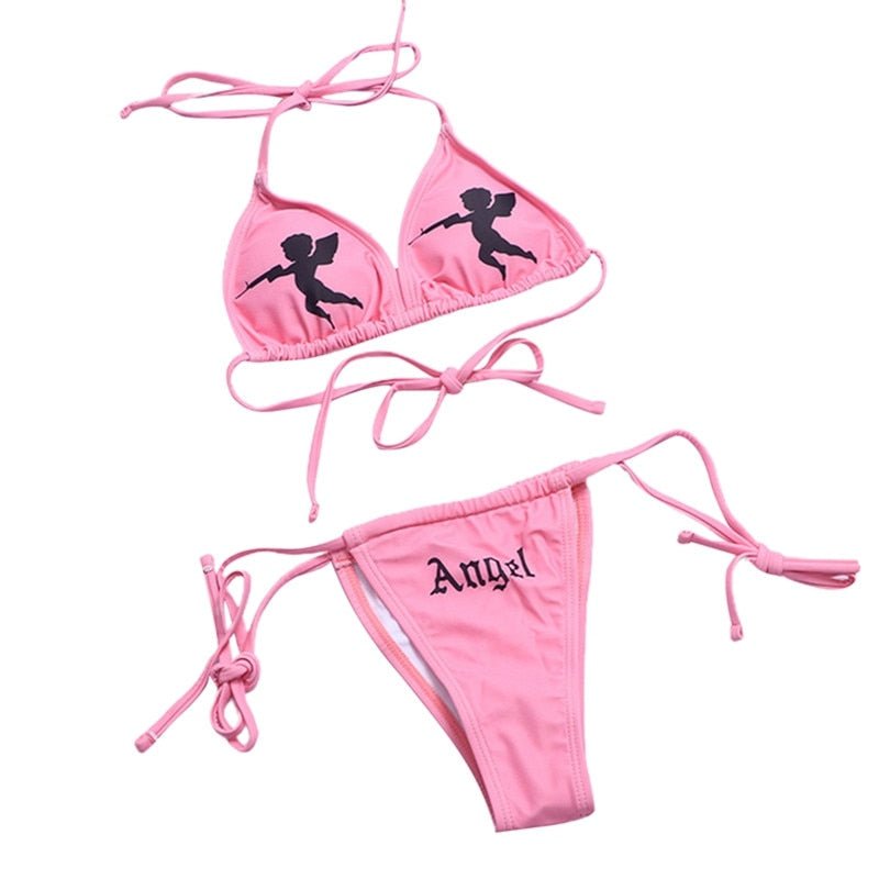 Y2K Aesthetic Push Angel 2-Piece Bikini Set - Cute & Comfy Swimwear for Summer Vibes