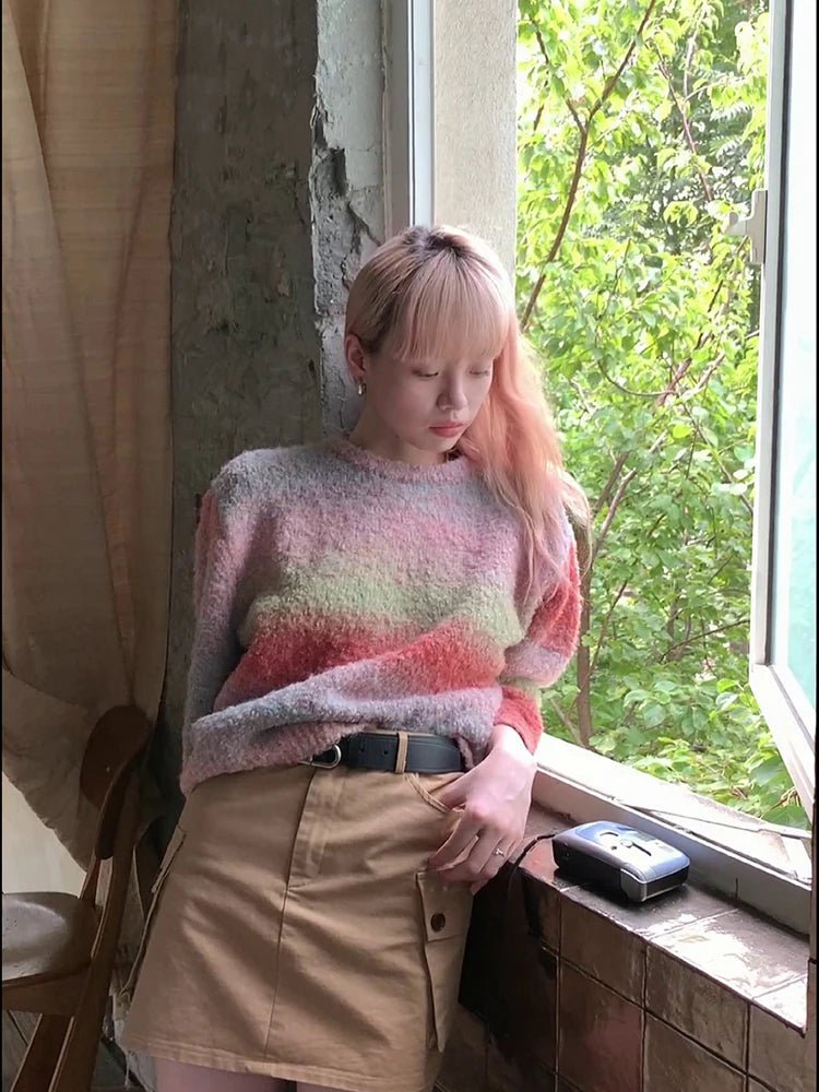 Y2K Aesthetic Retro Gradient Knit Sweater - Cozy Vintage Style for Trendy Outfits