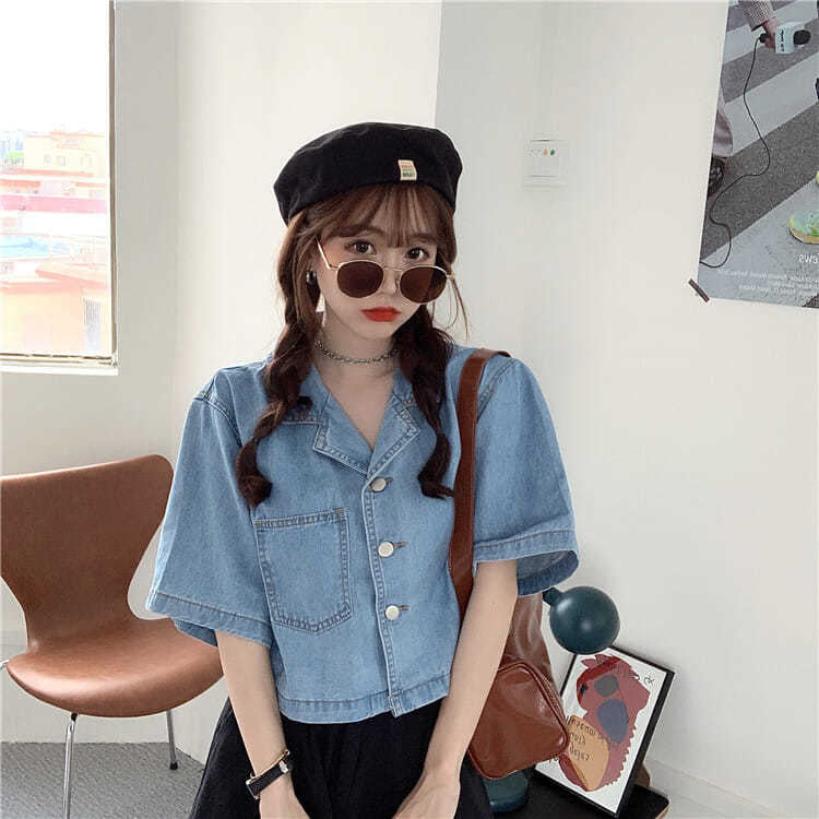 Y2K Aesthetic Short Sleeve Notched Collar Denim Shirt for Trendy Outfits