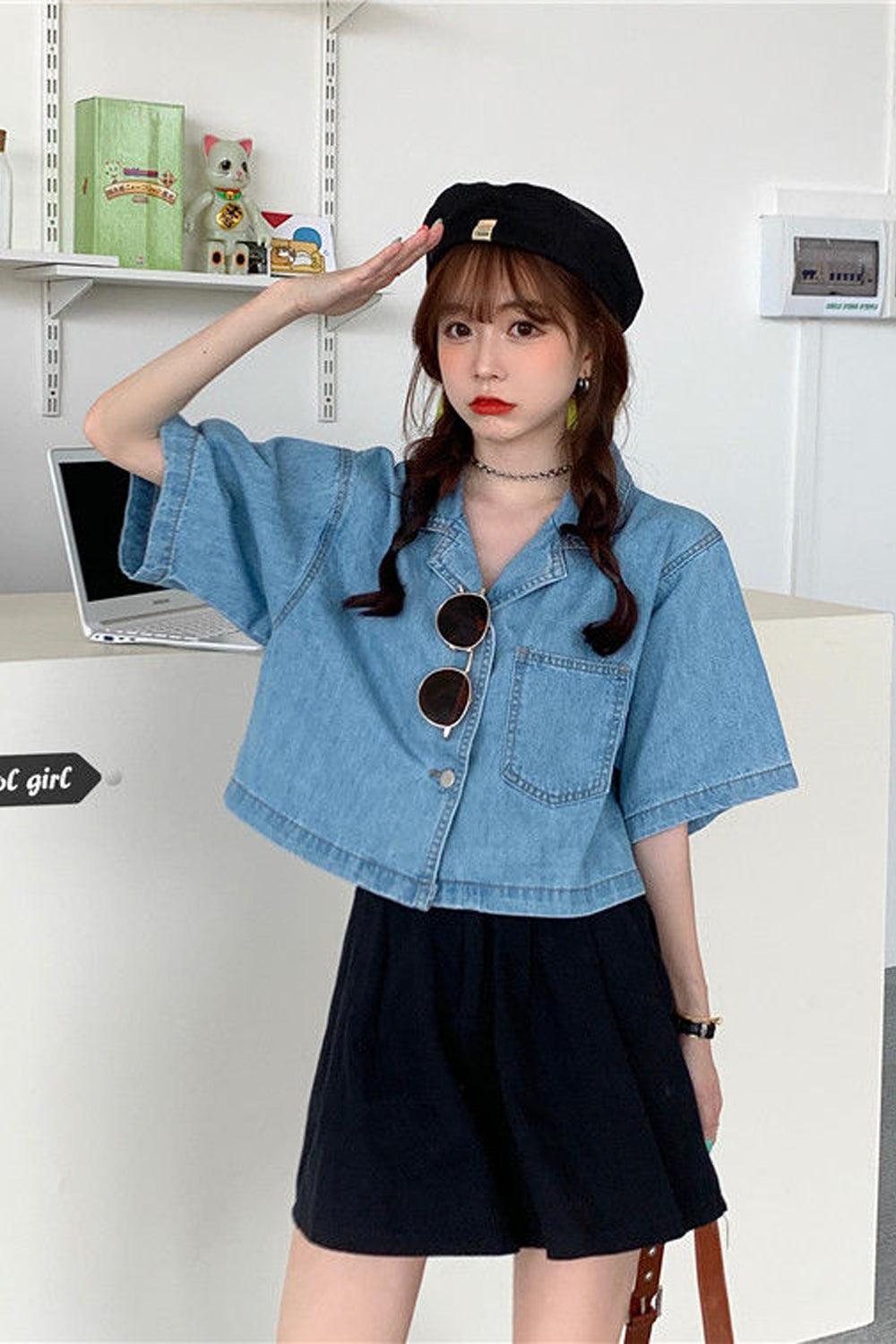 Y2K Aesthetic Short Sleeve Notched Collar Denim Shirt for Trendy Outfits