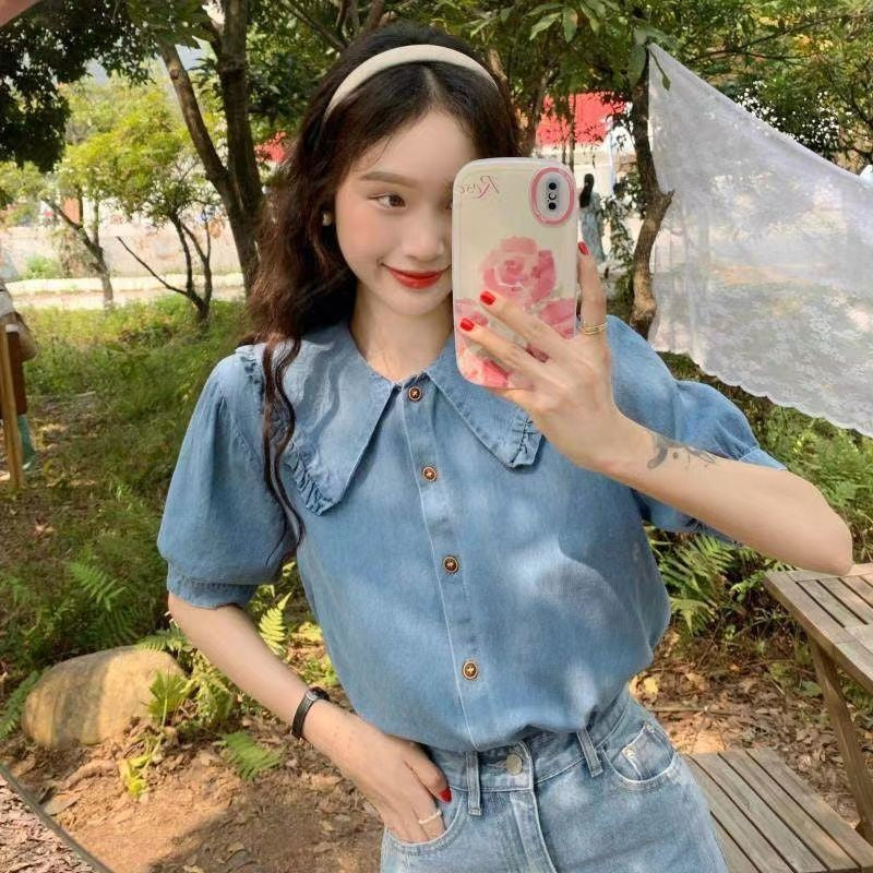 Y2K Aesthetic Short Sleeve Peter Pan Collar Denim Shirt for Cute and Comfy Outfits