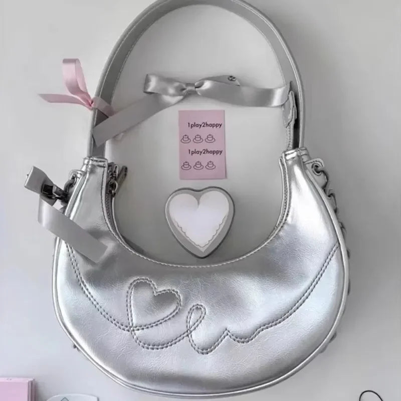 Y2K Aesthetic Silver Half Moon Handbag - Trendy Korean Purse for Stylish Outfits