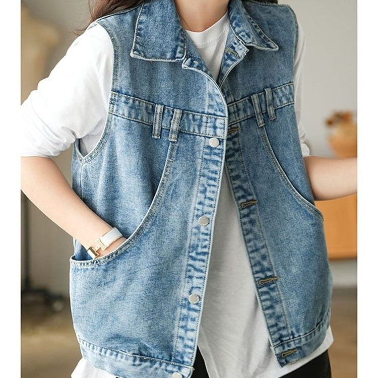 Y2K Aesthetic Sleeveless Denim Vest Jacket with Pockets for Trendy Outfits