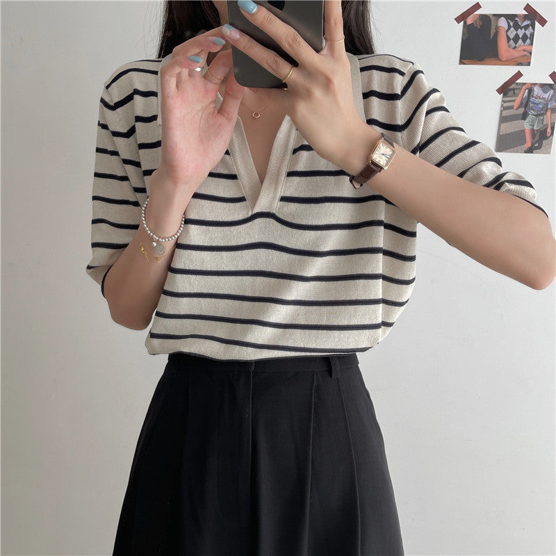 Y2K Aesthetic Stripe Knitted Turn Down Collar Shirt - Vintage Inspired Cute Top