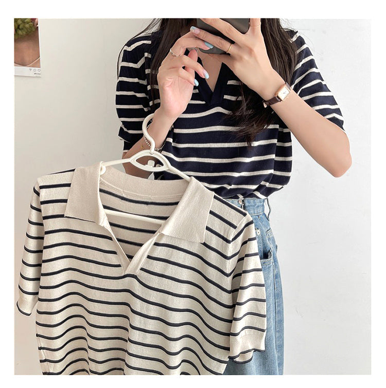 Y2K Aesthetic Stripe Knitted Turn Down Collar Shirt - Vintage Inspired Cute Top