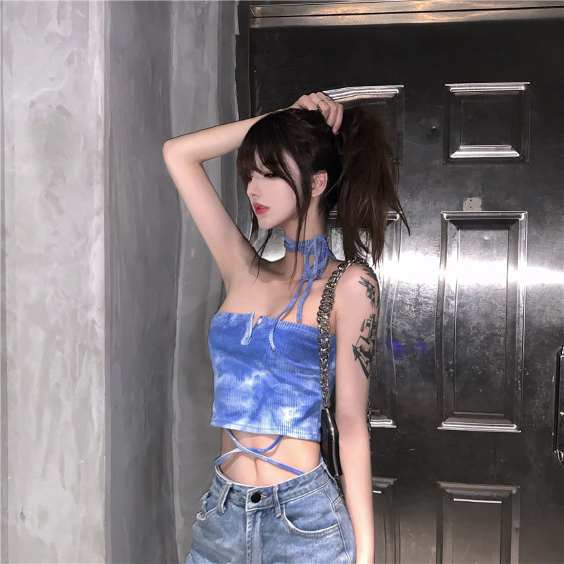 Y2K Aesthetic Tie Dye Sexy Slim String Crop Tops for Trendy Outfits