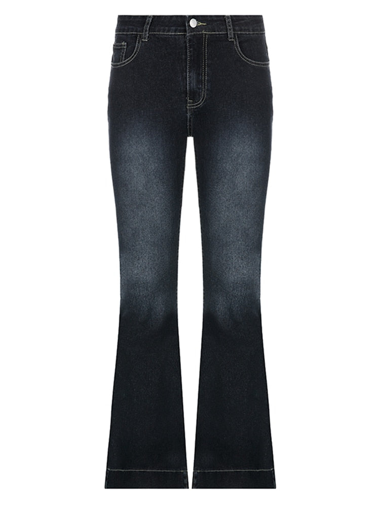 Y2K Aesthetic Vintage 90s Grunge Dark Blue Denim Low Rise Flared Jeans for Trendy Outfits