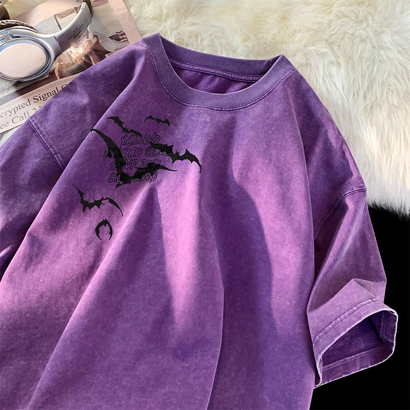 Y2K Aesthetic Washed Bat Pattern T-Shirt for Grunge and Coquette Style Lovers