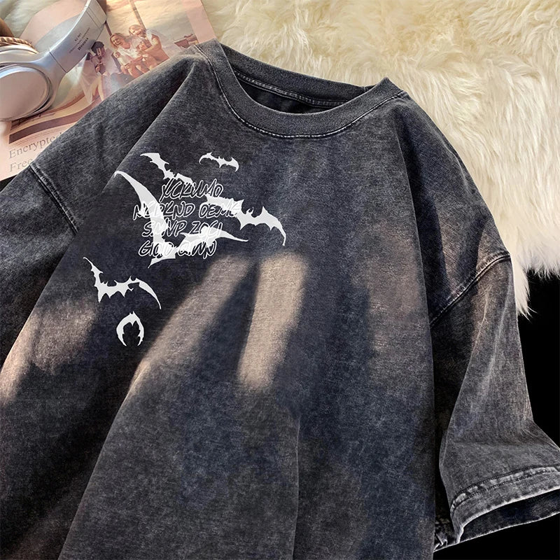 Y2K Aesthetic Washed Bat Pattern T-Shirt for Grunge and Coquette Style Lovers