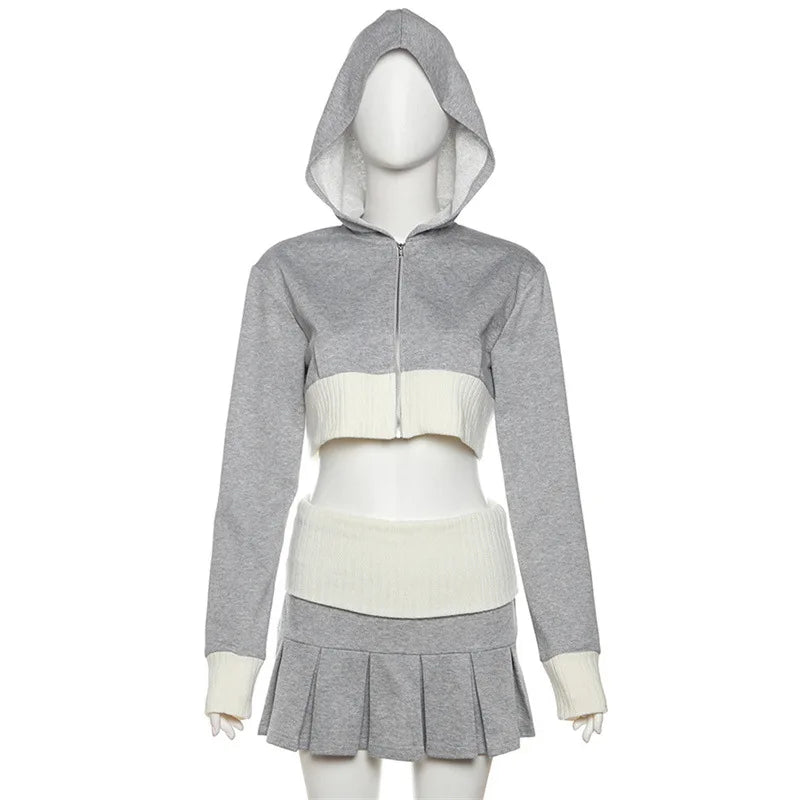 Y2K Aesthetic Zip Hoodie and Cargo Skirt Set for Trendy Coquette Style Outfits