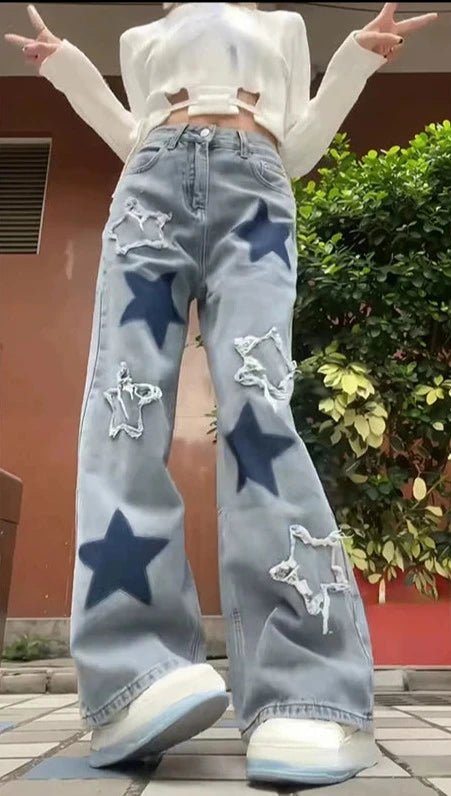 Y2K Baggy Blue Star Jeans for Trendy Grunge Aesthetic Outfits and Vintage Vibes