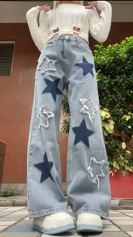 Y2K Baggy Blue Star Jeans for Trendy Grunge Aesthetic Outfits and Vintage Vibes