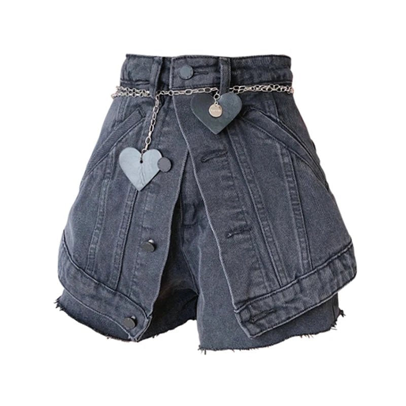 Y2K Black Chain Denim Shorts - Edgy Grunge Style with Vintage Aesthetic Appeal