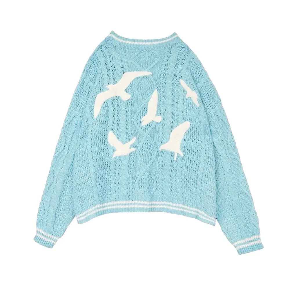 Y2K Blue Bird Embroidery Cardigan - Cute Pastel Aesthetic Sweater for Cozy Outfits