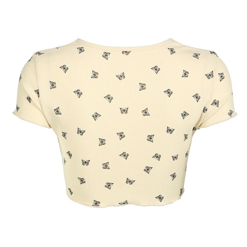 Y2K Butterfly Cat Print Top - Cute Aesthetic Tee for Coquette and Grunge Styles