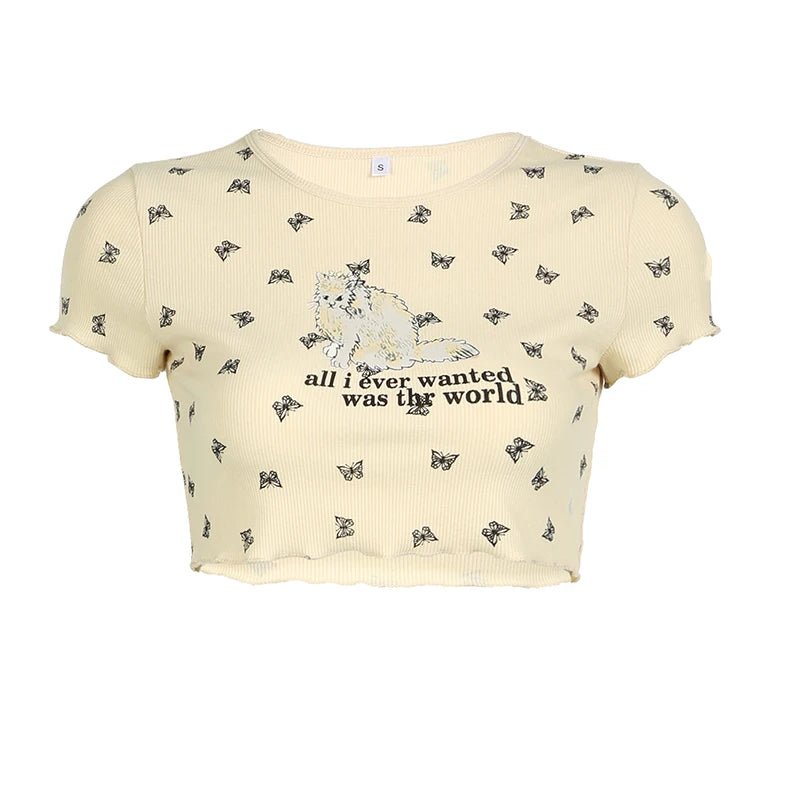 Y2K Butterfly Cat Print Top - Cute Aesthetic Tee for Coquette and Grunge Styles