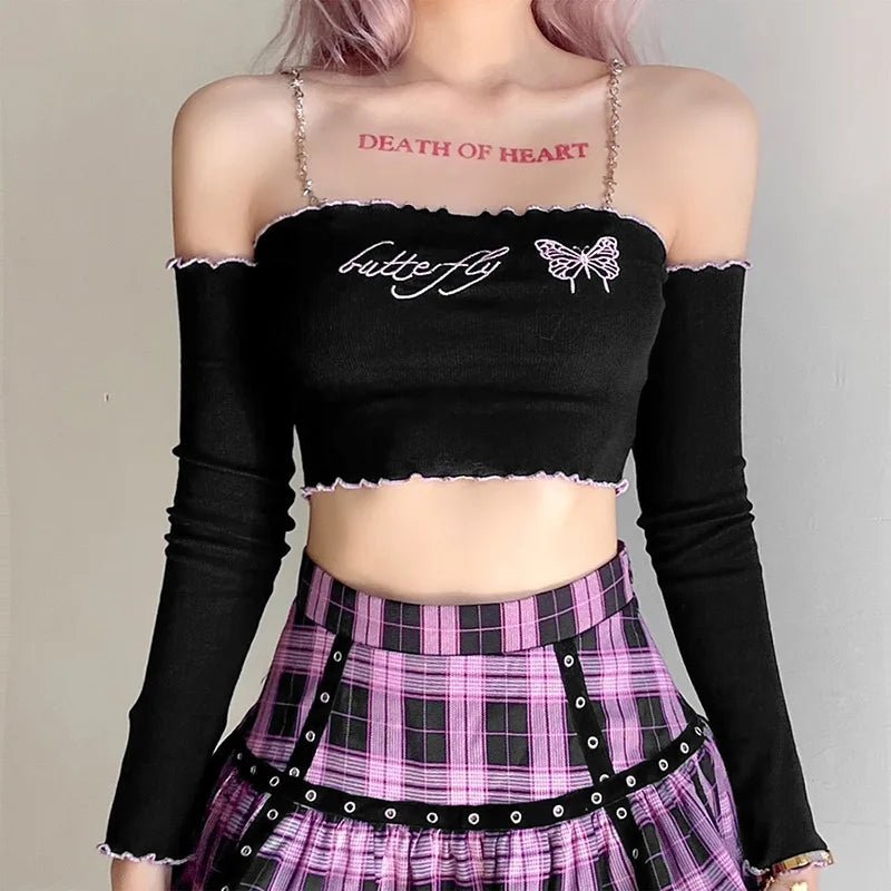 Y2K Butterfly Chain Crop Top - Cute Aesthetic Top for Coquette and Grunge Styles