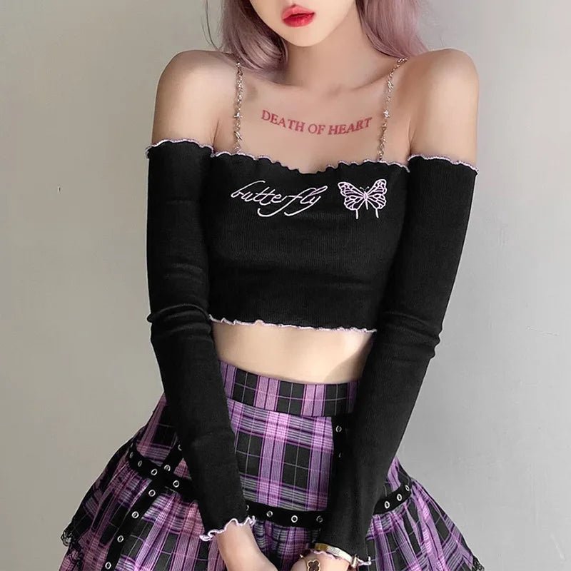 Y2K Butterfly Chain Crop Top - Cute Aesthetic Top for Coquette and Grunge Styles