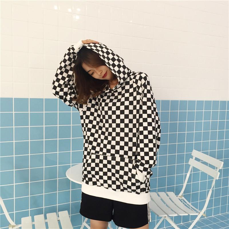 Y2K Checkerboard Plaid Hoodie - Trendy Grunge Aesthetic Top for Stylish Outfits