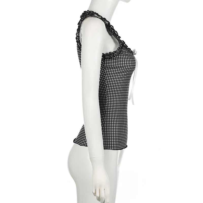 Y2K Checkerboard Ruffle Camisole Top - Cute Aesthetic Layering Piece for Trendy Outfits