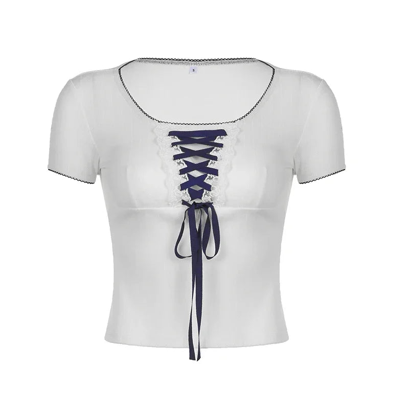 Y2K Contrast Bandage Crop Top for Trendy Aesthetic Outfits and Stylish Y2K Fashion