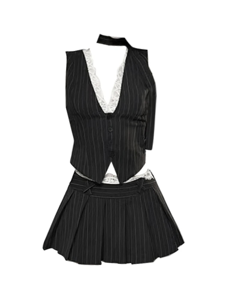 Y2K Coquette Aesthetic Pinstripe Vest and Skirt Set for Trendy Outfits