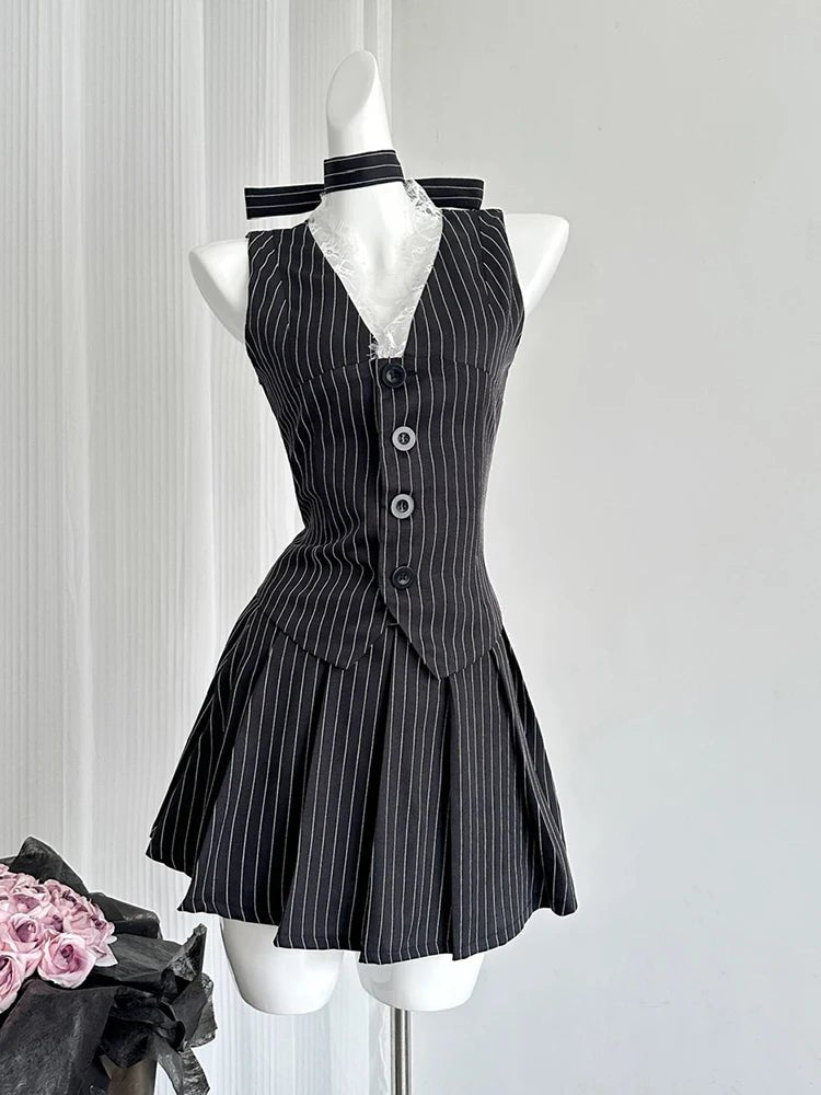 Y2K Coquette Aesthetic Pinstripe Vest and Skirt Set for Trendy Outfits