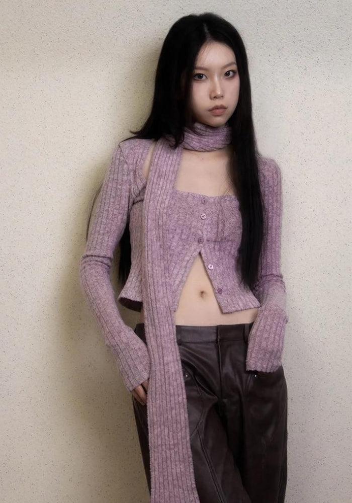 Y2K Corduroy Cropped Cardigan with Scarf - Trendy Coquette Aesthetic Layering Piece