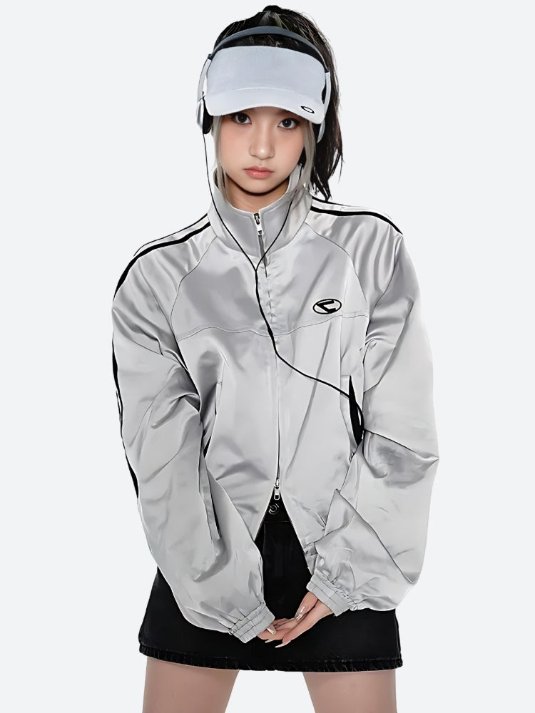 Y2K Cyberpunk Reflective Double Zip-Up Jacket for Edgy Aesthetic Outfits