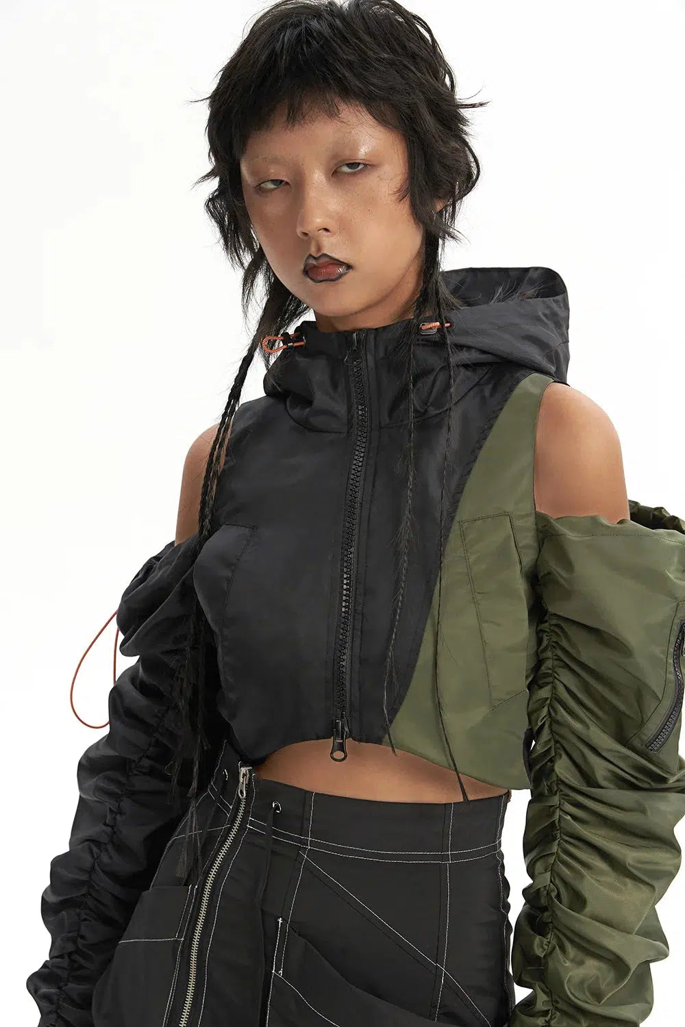 Y2K Cyberpunk Ruched Sleeve Puffer Jacket for Edgy Aesthetic Outfits and Street Style