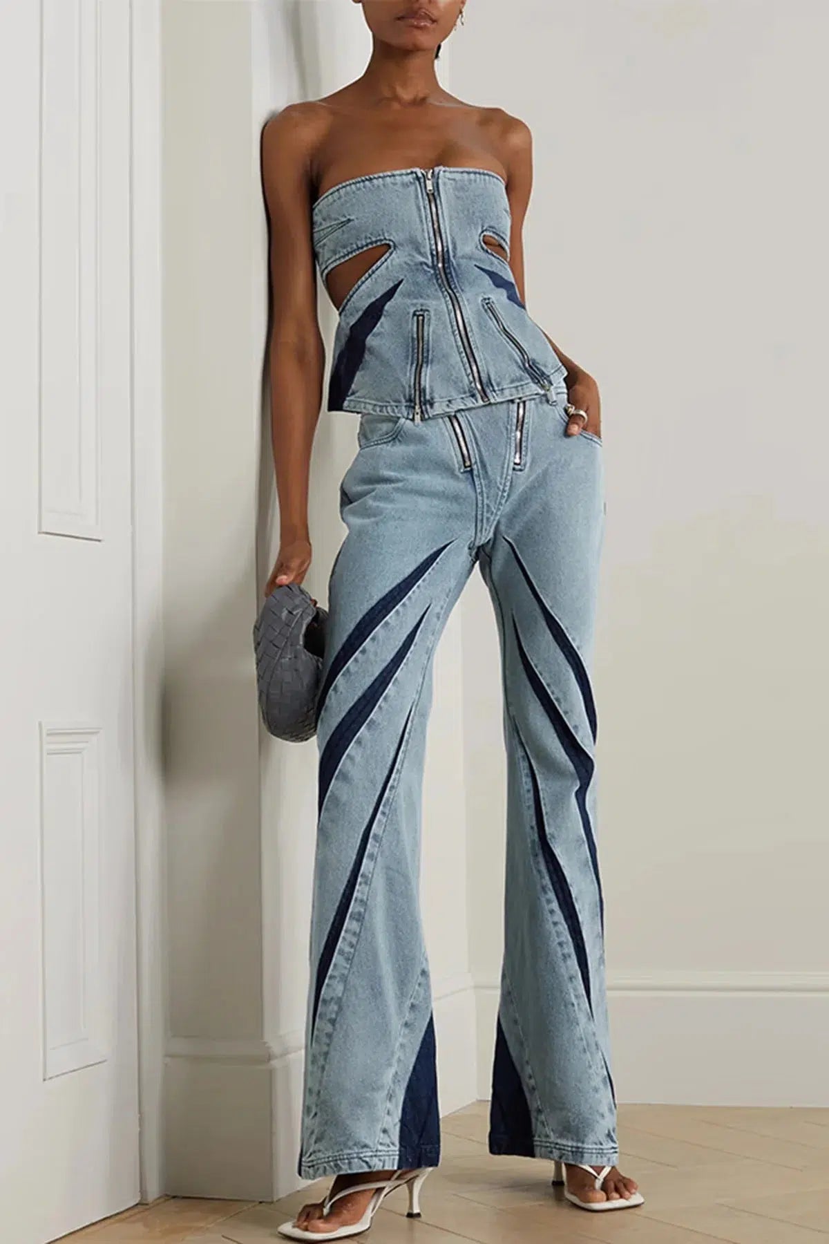 Y2K Denim Cut Out Tube Top & Patch Jeans Aesthetic Two Piece Outfit Set