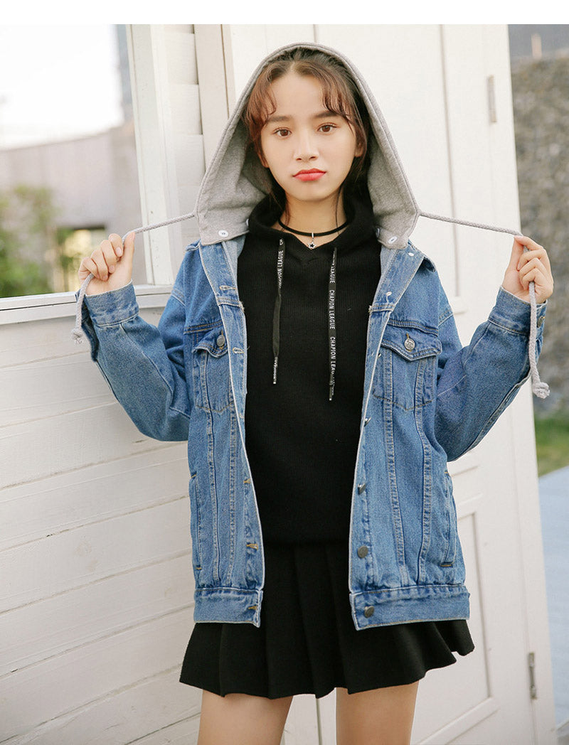 Y2K Denim Jacket with Hood - Trendy Grunge Style Outerwear for Aesthetic Outfits