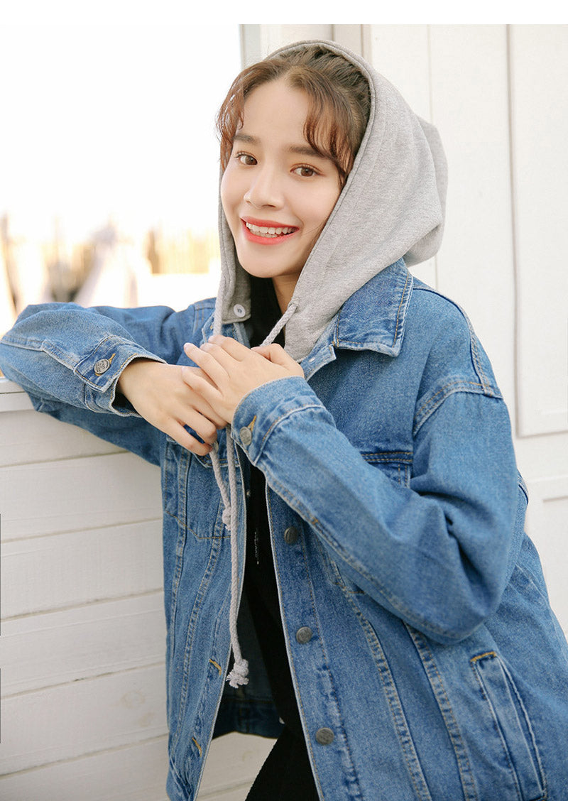 Y2K Denim Jacket with Hood - Trendy Grunge Style Outerwear for Aesthetic Outfits