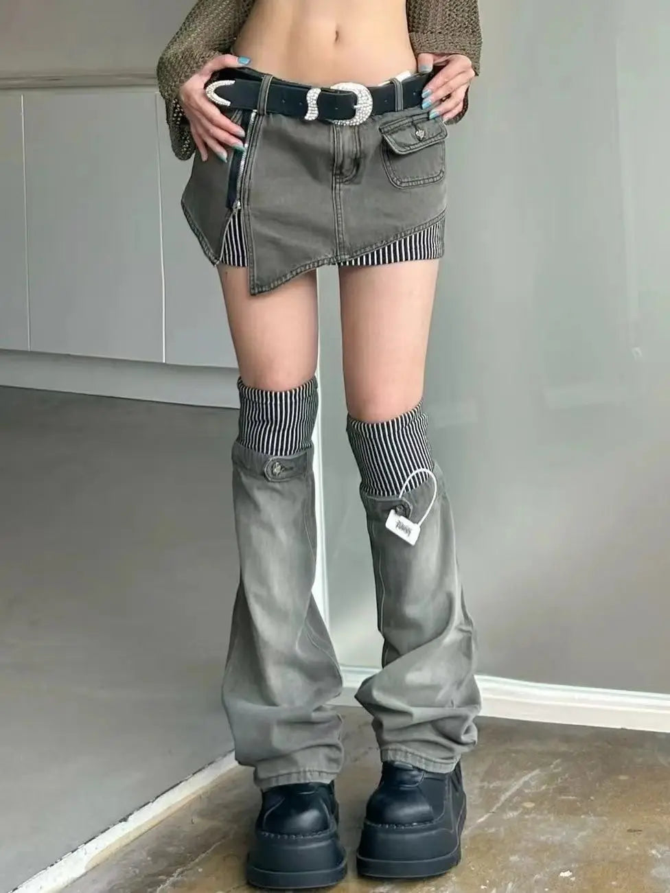 Y2K Denim Skirt & Leg Warmers Set - Trendy Y2K Fashion for Stylish Outfits