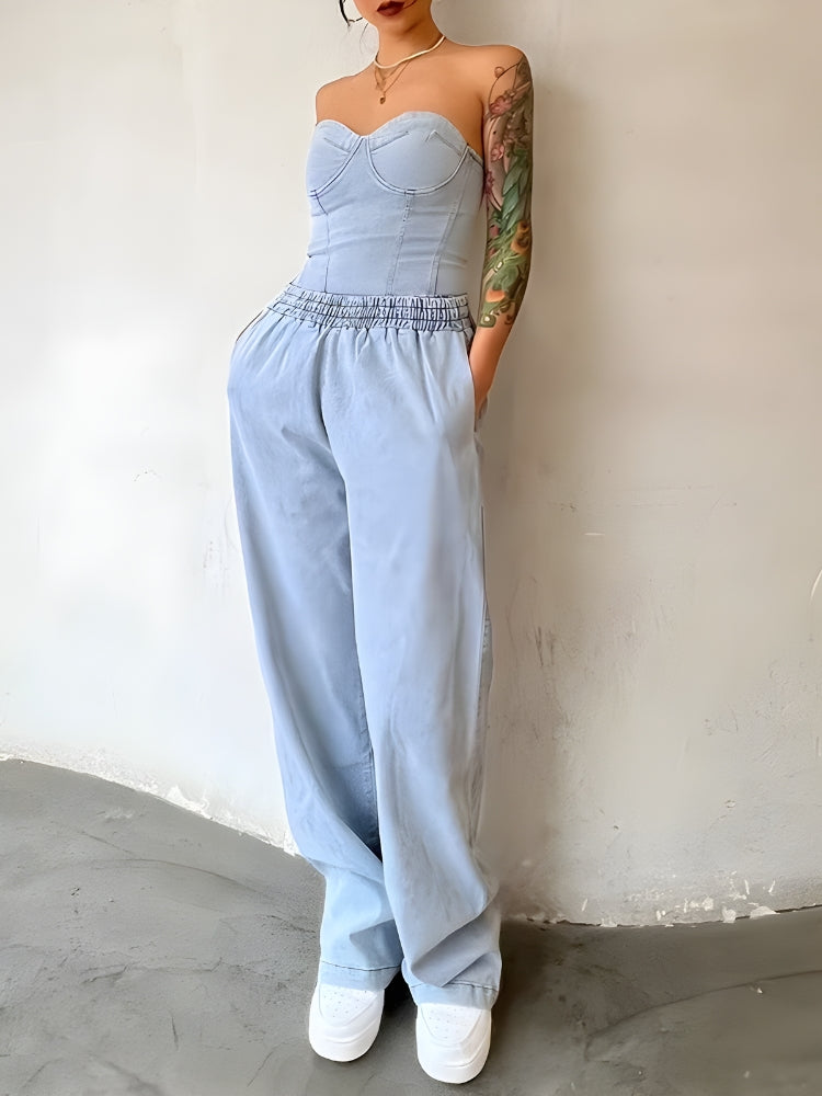 Y2K Denim Top & Pants Two Piece Set - Trendy Grunge Aesthetic Outfit for Stylish Looks