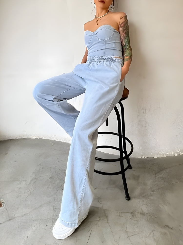 Y2K Denim Top & Pants Two Piece Set - Trendy Grunge Aesthetic Outfit for Stylish Looks