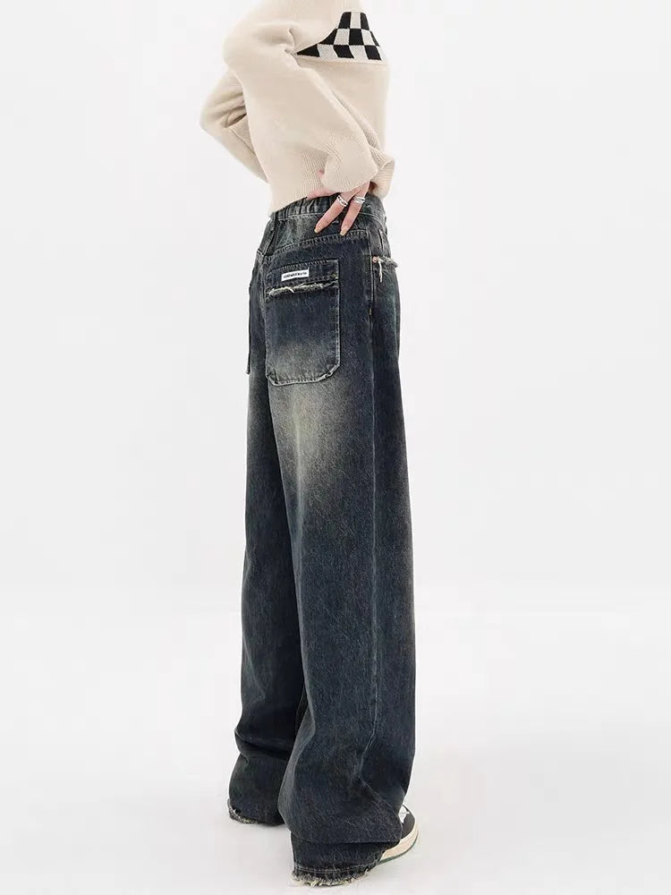 Y2K Distressed Wide Leg Jeans with Pockets for a Trendy Grunge Aesthetic Look